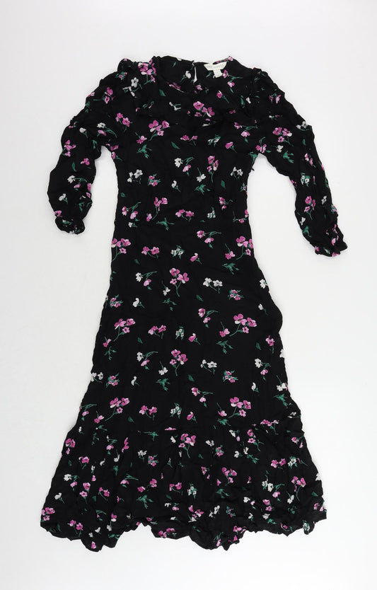 Marks and Spencer Womens Black Floral Viscose A-Line Size 8 Round Neck Button