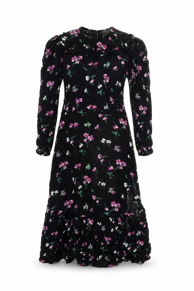 Marks & Spencer Womens Black Floral Viscose A-Line Size 8 Round Neck Button