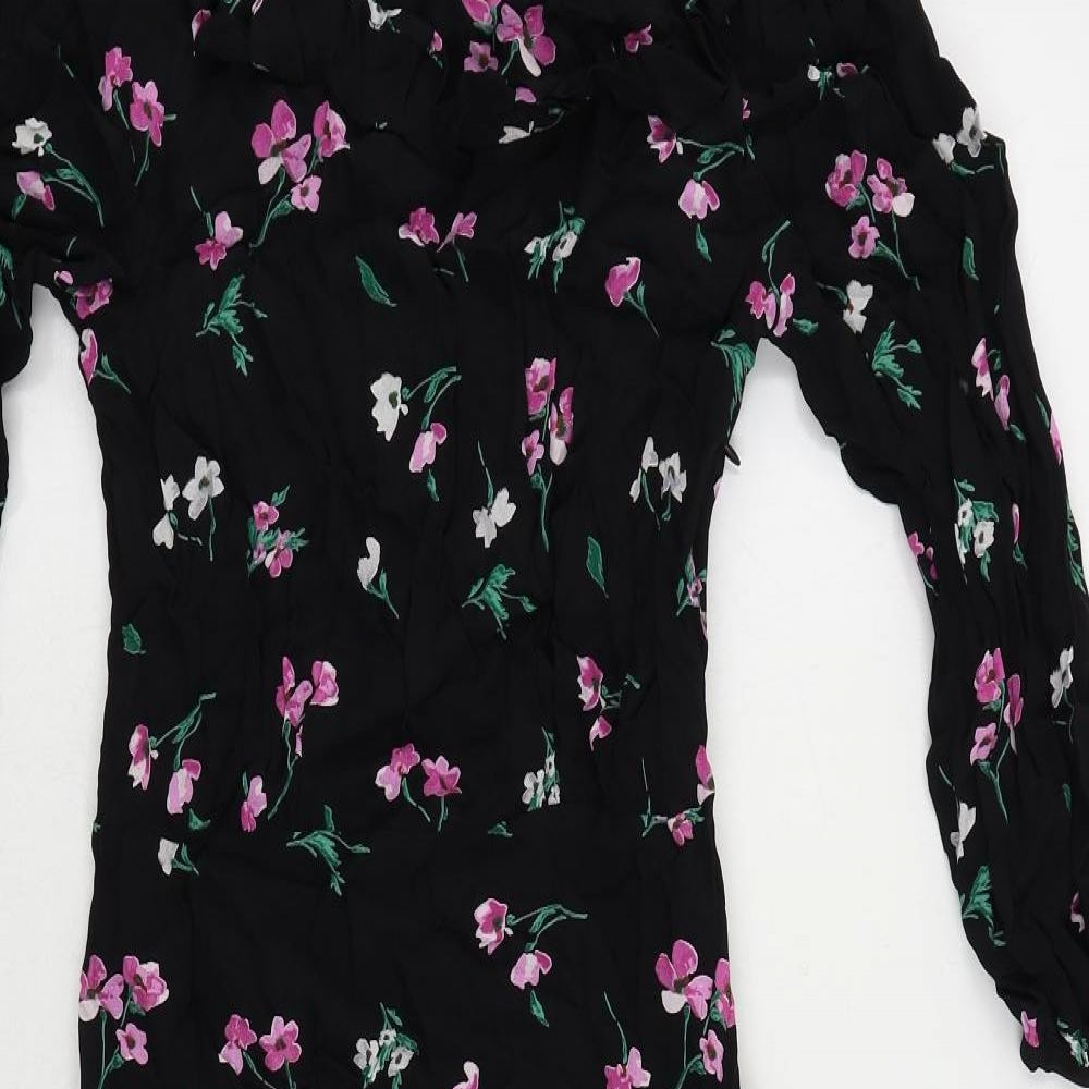 Marks and Spencer Womens Black Floral Viscose A-Line Size 8 Round Neck Button