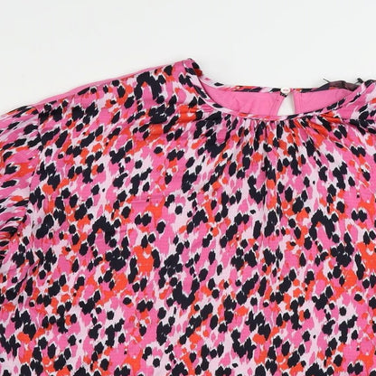 Marks & Spencer Womens Pink Animal Print Polyester Basic Blouse Size 8 Round Neck