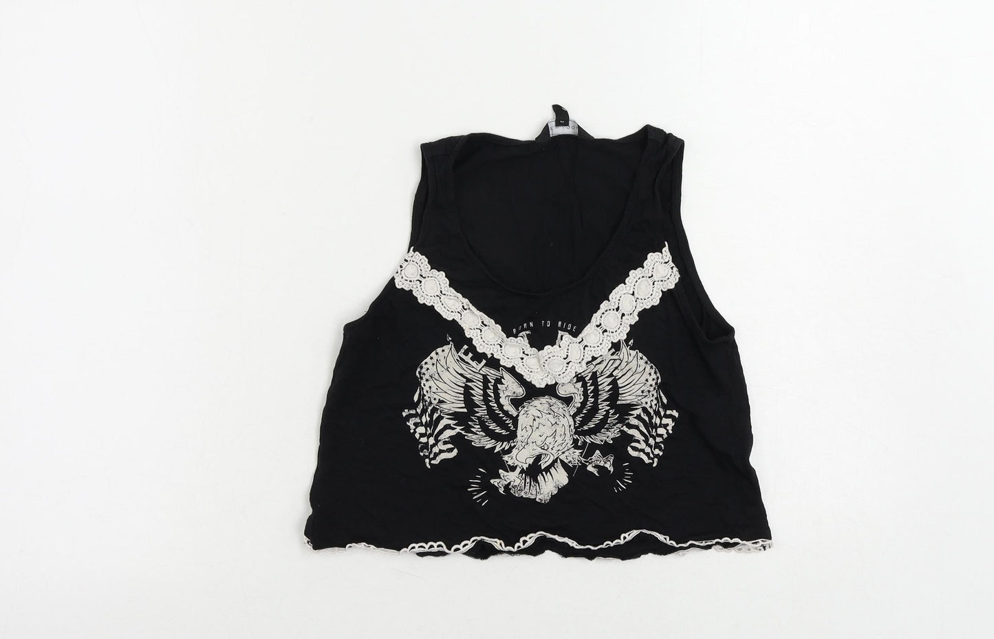 New Look Womens Black Cotton Cropped Tank Size 10 Scoop Neck