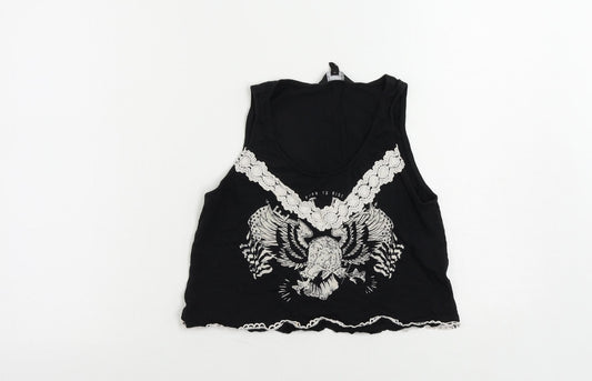 New Look Womens Black Cotton Cropped Tank Size 10 Scoop Neck