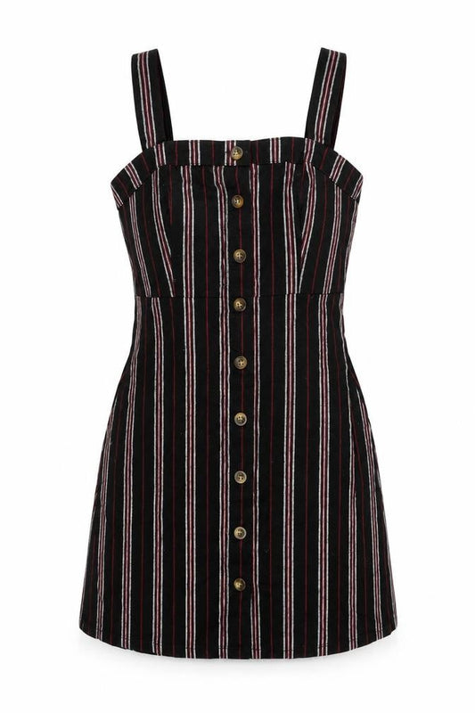 Hollister Womens Black Striped Cotton Pinafore/Dungaree Dress Size S Square Neck Button