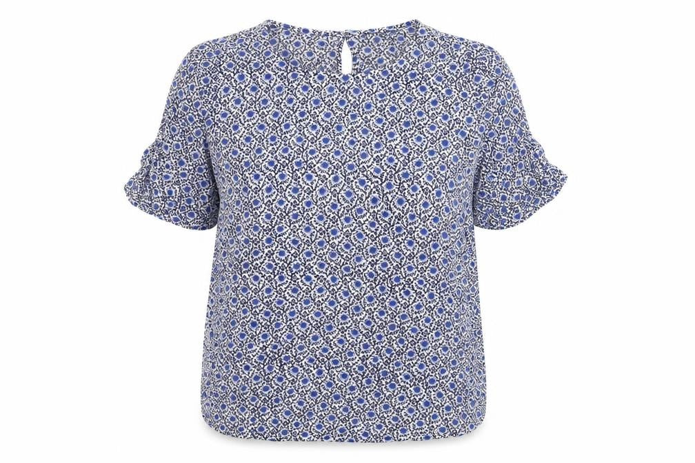 Marks & Spencer Womens Blue Geometric Viscose Basic Blouse Size 10 Round Neck