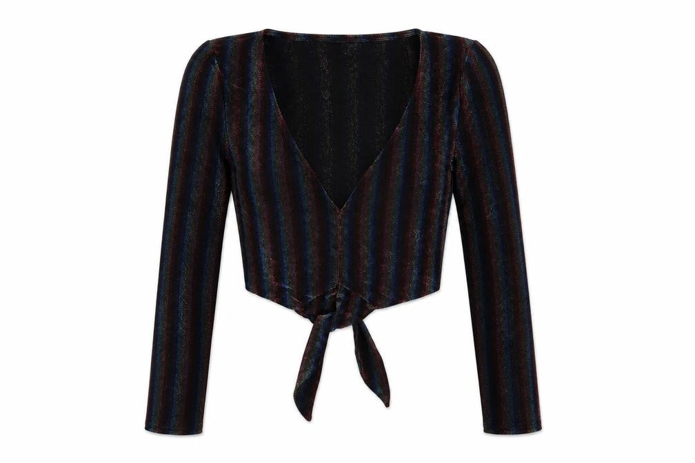 Miss Selfridge Womens Black Striped Nylon Cropped Blouse Size 8 V-Neck - Glitter