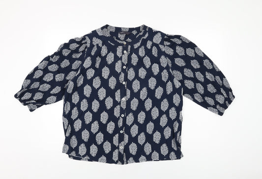 Marks and Spencer Womens Blue Geometric Viscose Basic Button-Up Size 12 Round Neck