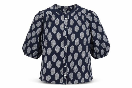 Marks and Spencer Womens Blue Geometric Viscose Basic Button-Up Size 12 Round Neck
