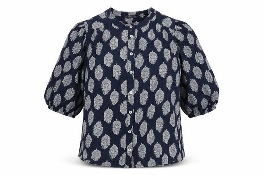 Marks and Spencer Womens Blue Geometric Viscose Basic Button-Up Size 12 Round Neck