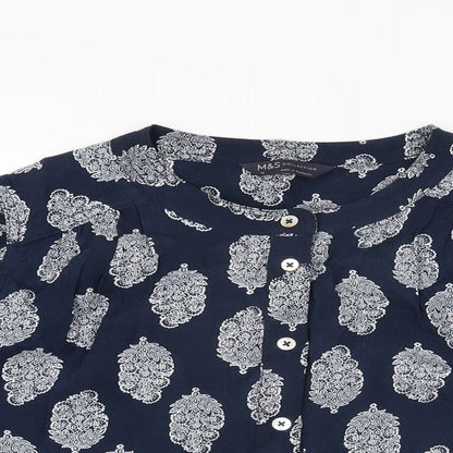 Marks & Spencer Womens Blue Geometric Viscose Basic Button-Up Size 12 Round Neck
