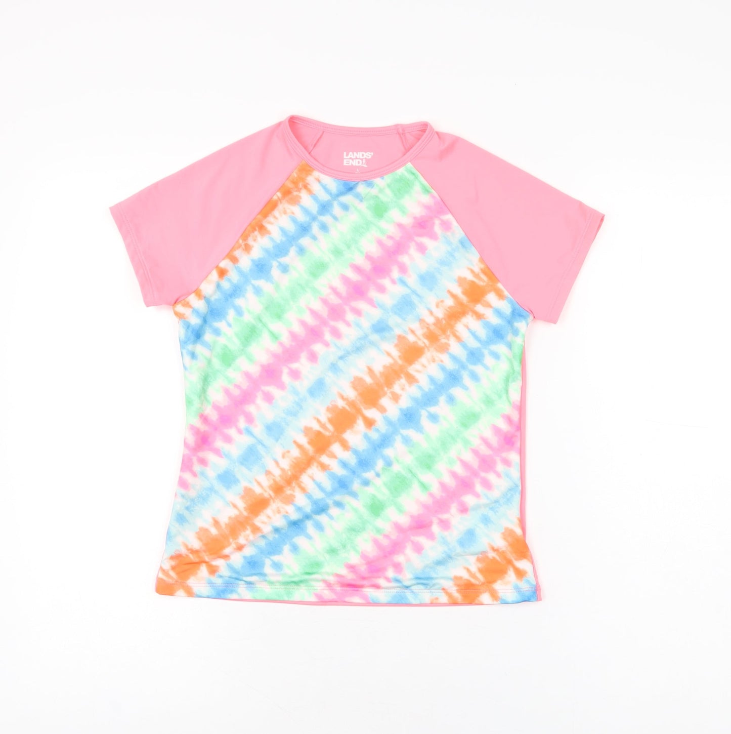 Lands' End Girls Pink Geometric Polyester Basic T-Shirt Size L Round Neck Pullover