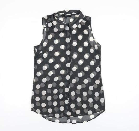 NEXT Womens Black Polka Dot Polyester Basic Button-Up Size 8 Collared
