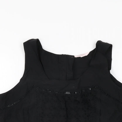 Close-up detail of Miss Selfridge women’s black geometric cotton basic t-shirt, size UK 12, round neck
