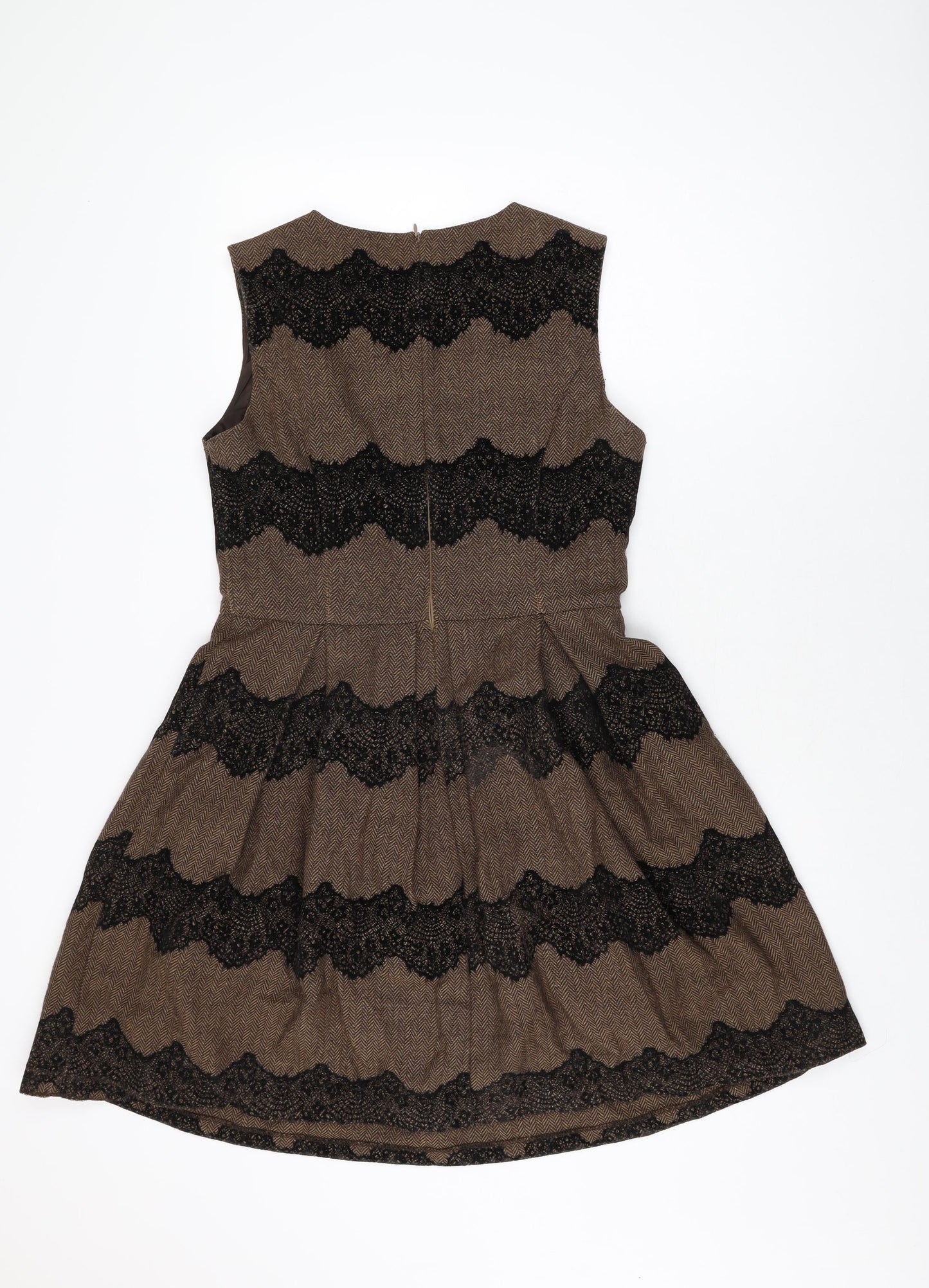 Soma Womens Brown Geometric Polyester Skater Dress Size S Round Neck Zip