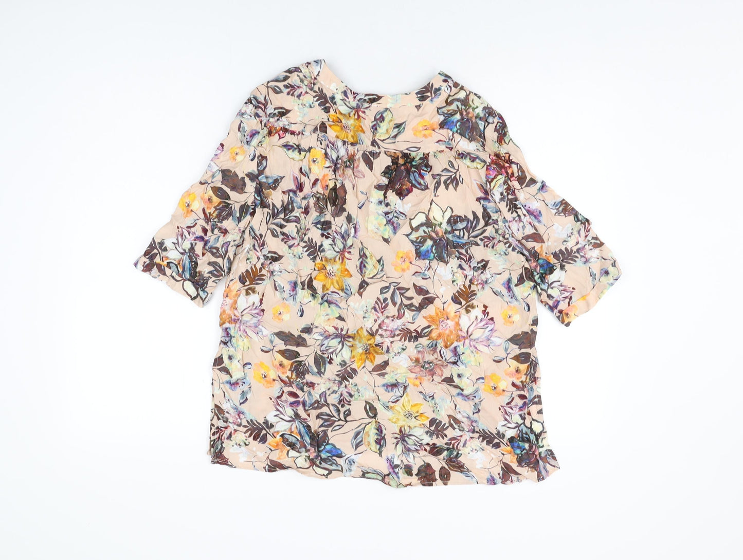 Mango Womens Pink Floral Polyester Basic Blouse Size S V-Neck