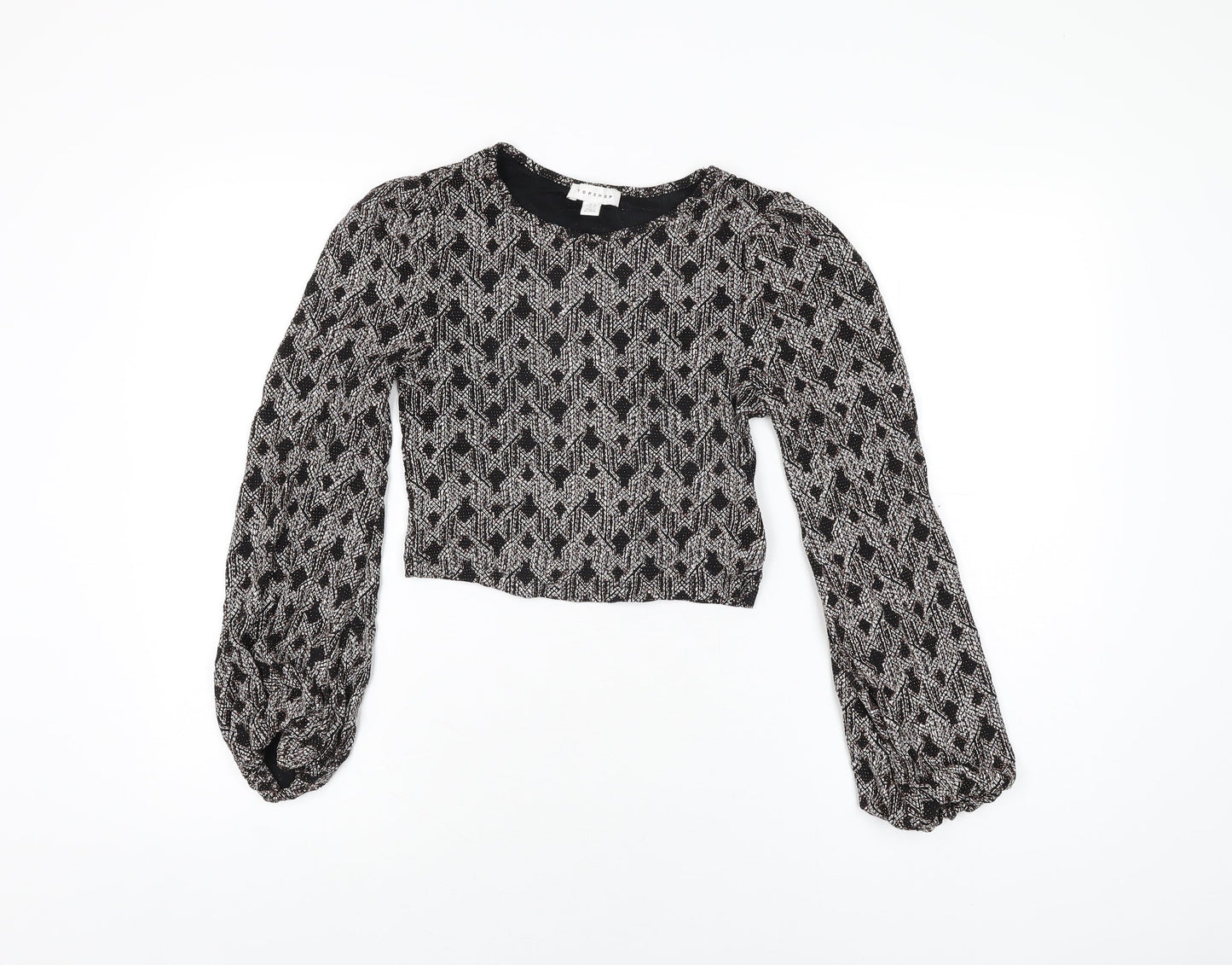 Topshop Womens Black Geometric Nylon Cropped T-Shirt Size 8 Round Neck