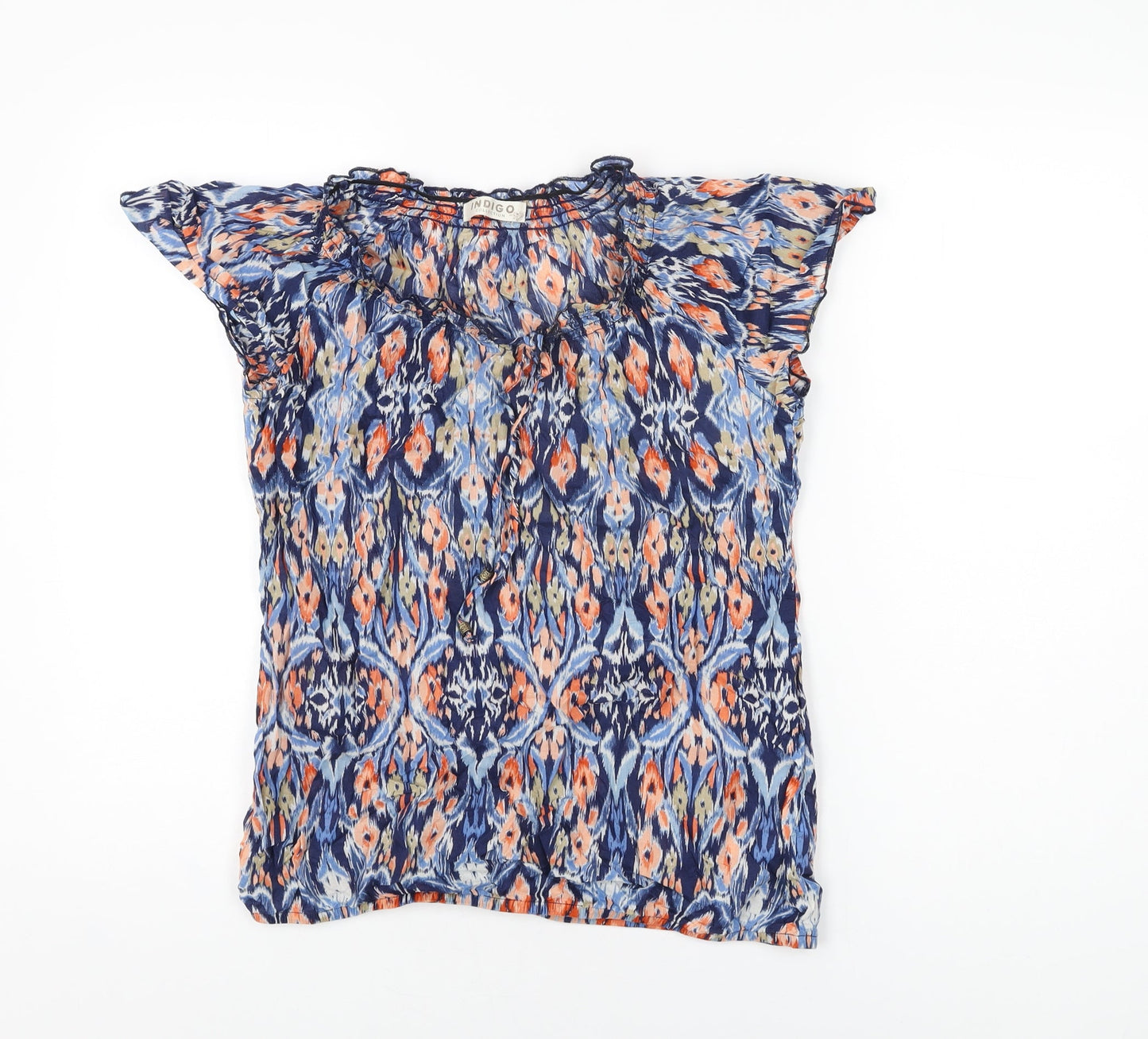 Marks and Spencer Womens Blue Geometric Cotton Basic T-Shirt Size 10 Off the Shoulder