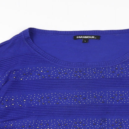 Paramour Womens Blue Geometric Viscose Basic T-Shirt Size L Round Neck