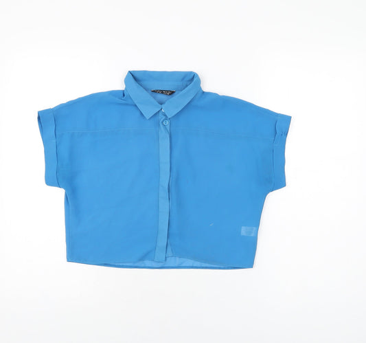 Select Womens Blue Polyester Cropped Button-Up Size 10 Collared