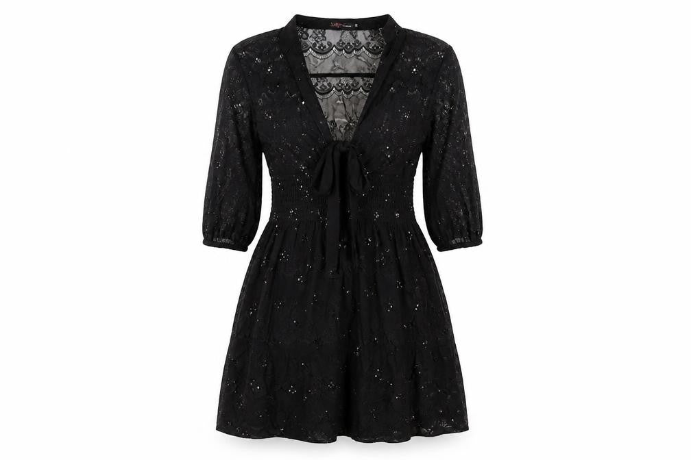 Yumi Womens Black Geometric Polyester Mini Size S V-Neck Pullover - Size S/M