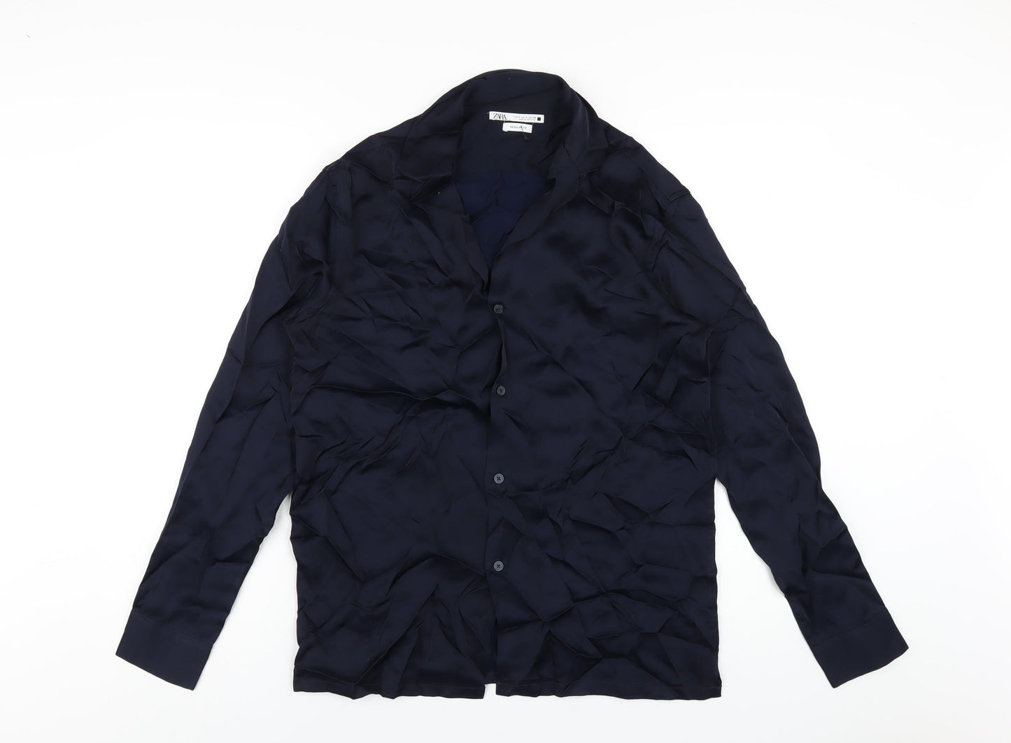 Zara Mens Blue Polyester Button-Up Size S Collared Button
