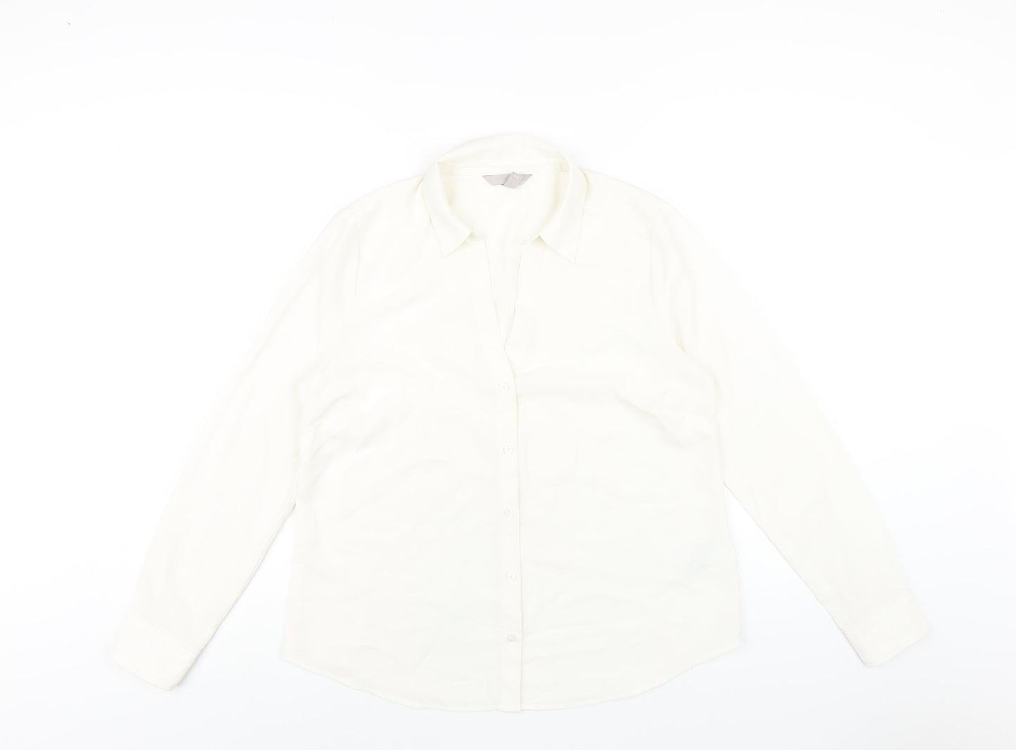 H&M Womens White Polyester Basic Button-Up Size 14 Collared