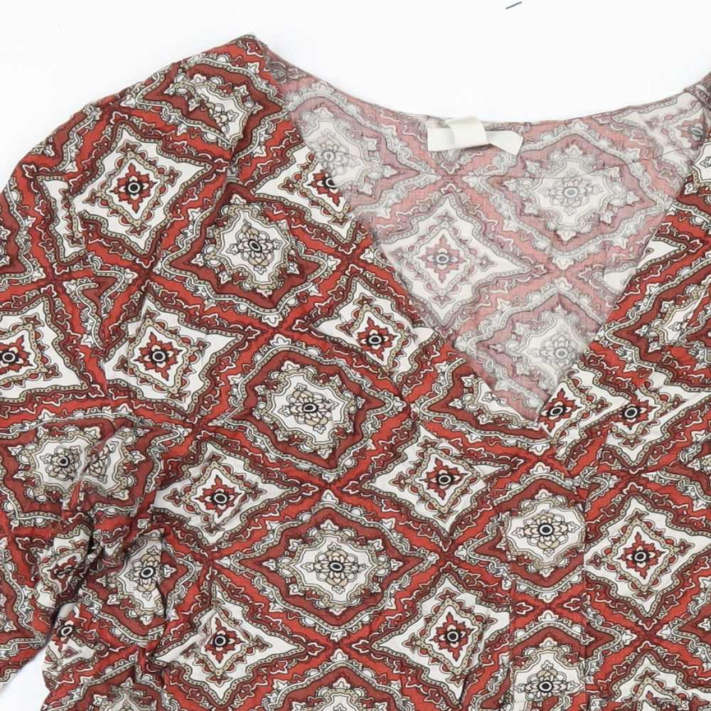H&M Womens Orange Geometric Viscose A-Line Size 12 V-Neck Pullover