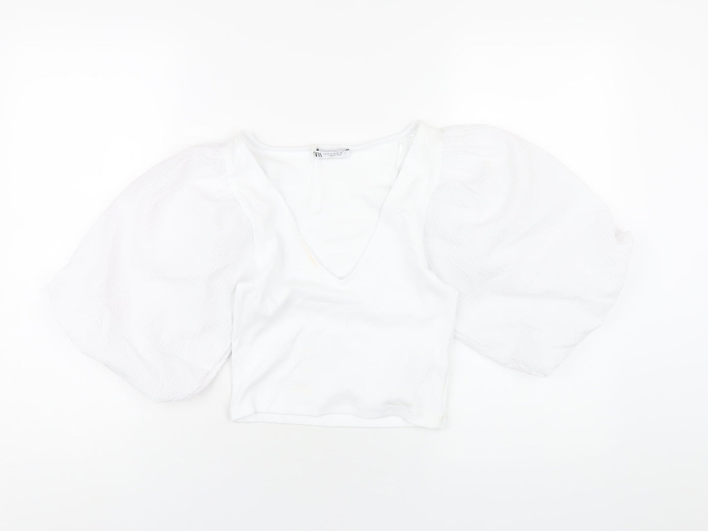 Zara Womens White Polyester Cropped T-Shirt Size M V-Neck