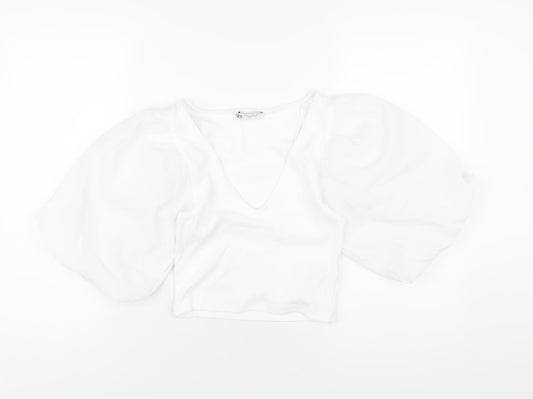 Zara Womens White Polyester Cropped T-Shirt Size M V-Neck