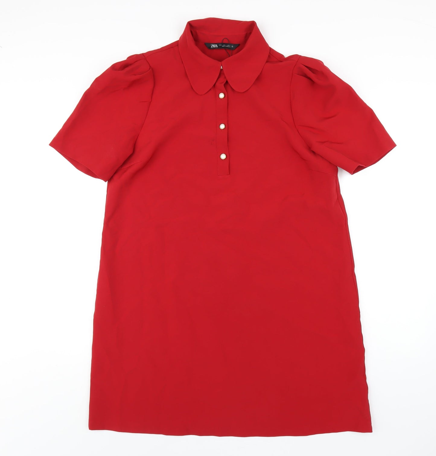 Zara Womens Red Polyester A-Line Size L Collared Button
