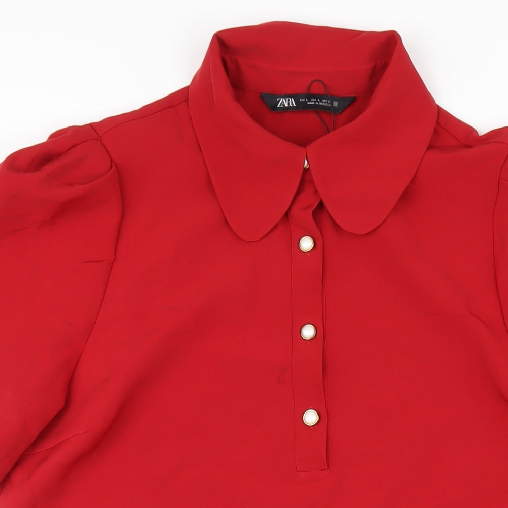 Zara Womens Red Polyester A-Line Size L Collared Button