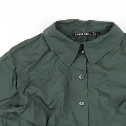 Close-up detail of I SAW IT FIRST women’s green cotton basic button-up, size UK 8, collared