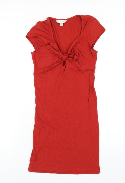 Additional front view of Miss Selfridge women’s red viscose bodycon, size UK 10, v-neck pullover