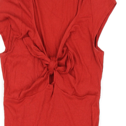 Close-up detail of Miss Selfridge women’s red viscose bodycon, size UK 10, v-neck pullover