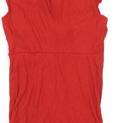 Brand and care label for Miss Selfridge women’s red viscose bodycon, size UK 10, v-neck pullover