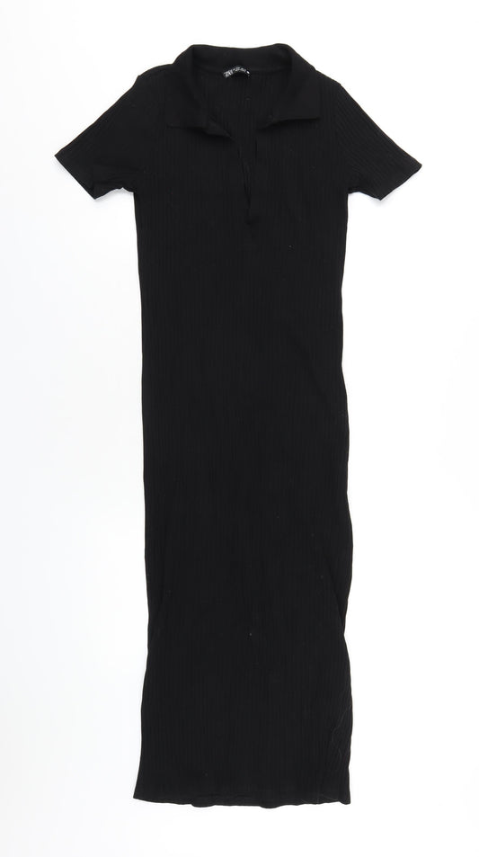 Zara Womens Black Cotton Bodycon Size M Collared Pullover