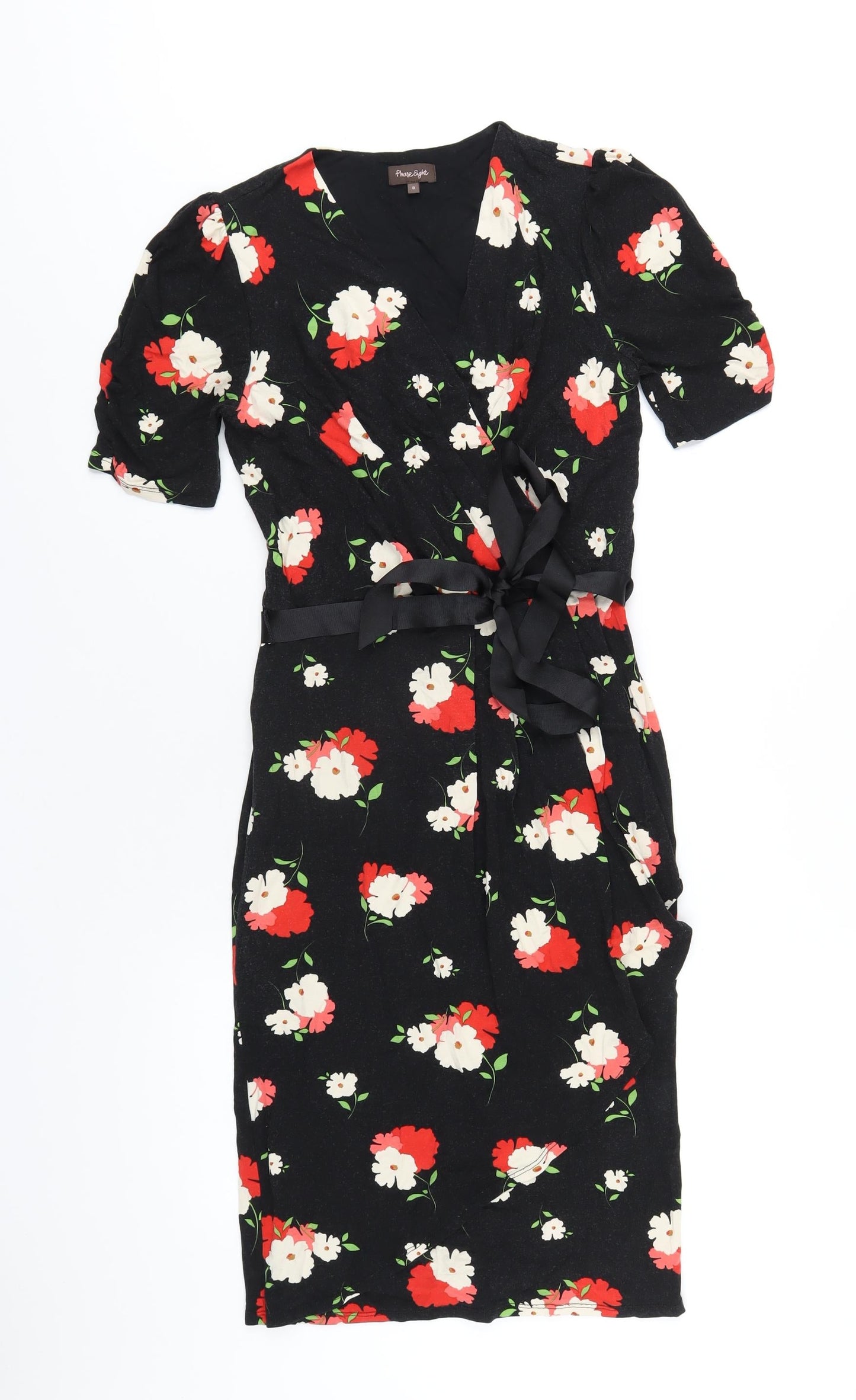 Phase Eight Womens Black Floral Viscose Bodycon Size 8 V-Neck Pullover