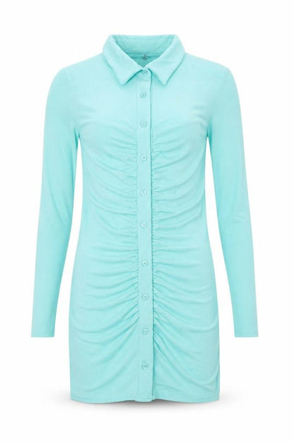 Front view of Missguided women’s blue polyester bodycon, size UK 8, collared button