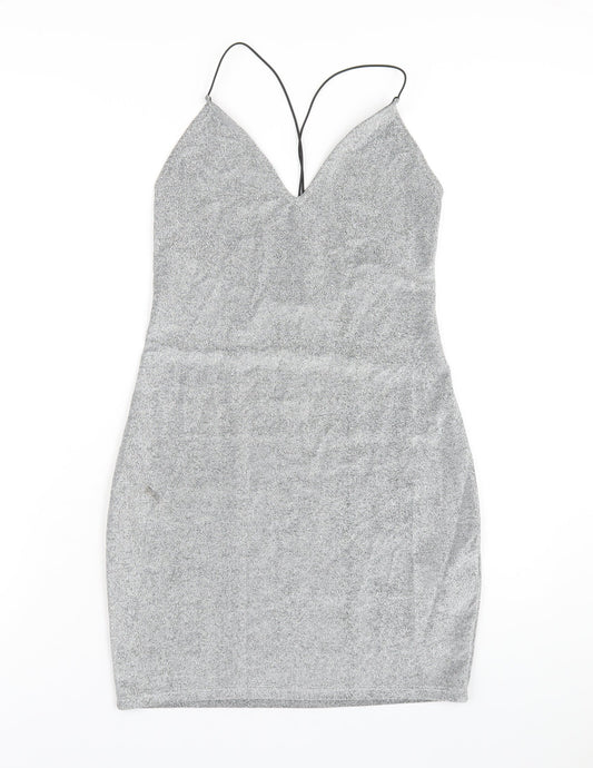 H&M Womens Silver Polyester Bodycon Size M V-Neck Pullover