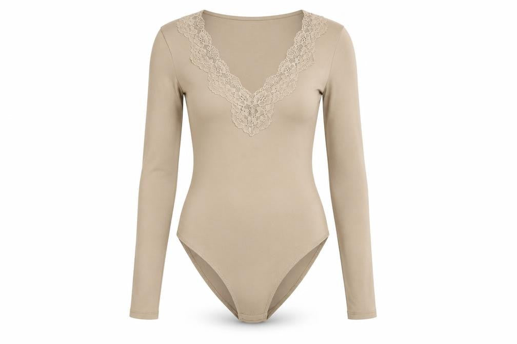 H&M Womens Beige Polyester Bodysuit One-Piece Size S Snap - Lace Trim