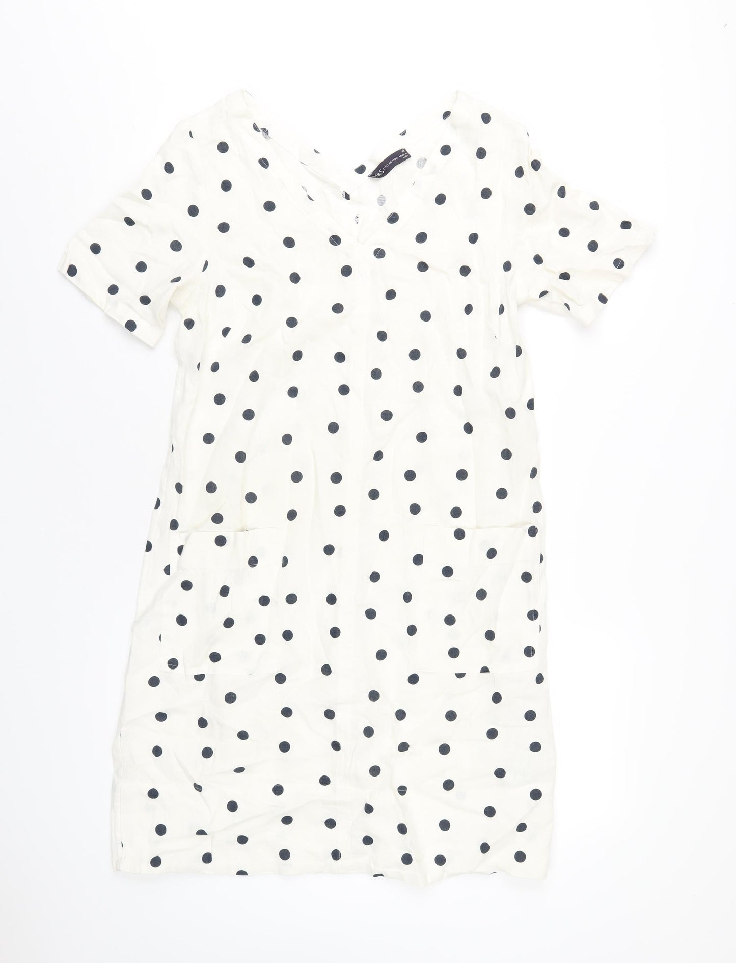 Marks and Spencer Womens Ivory Polka Dot Linen A-Line Size 10 V-Neck Pullover