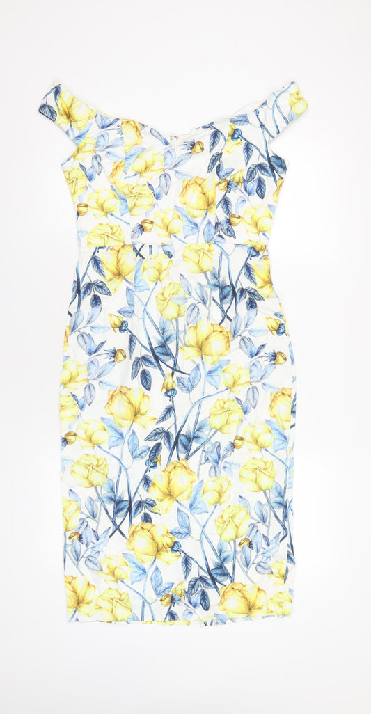 ASOS Womens Multicoloured Geometric Cotton Pencil Dress Size 12 Off the Shoulder Zip
