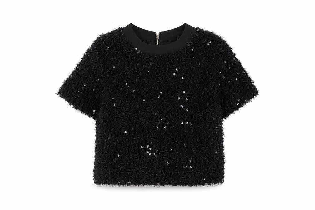Sister Jane Womens Black Polyester Cropped T-Shirt Size S Crew Neck - Sequins