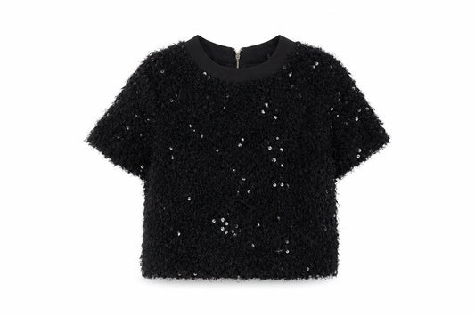 Sister Jane Womens Black Polyester Cropped T-Shirt Size S Crew Neck - Sequins