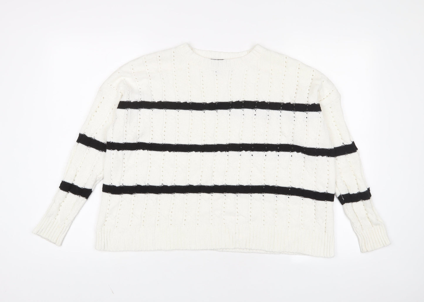 New Look Womens White Crew Neck Striped Acrylic Pullover Jumper Size XS