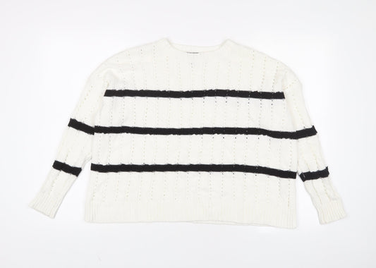 New Look Womens White Crew Neck Striped Acrylic Pullover Jumper Size XS