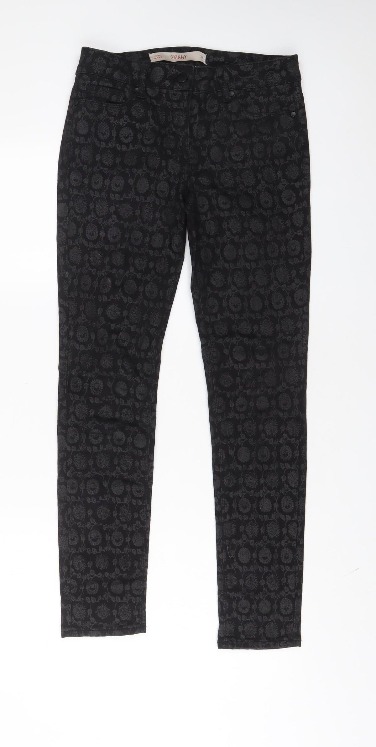 Next Womens Black Fair Isle Cotton Trousers Size 8 L28 in Regular Zip