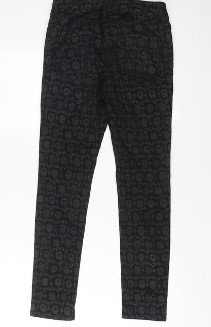 Next Womens Black Fair Isle Cotton Trousers Size 8 L28 in Regular Zip