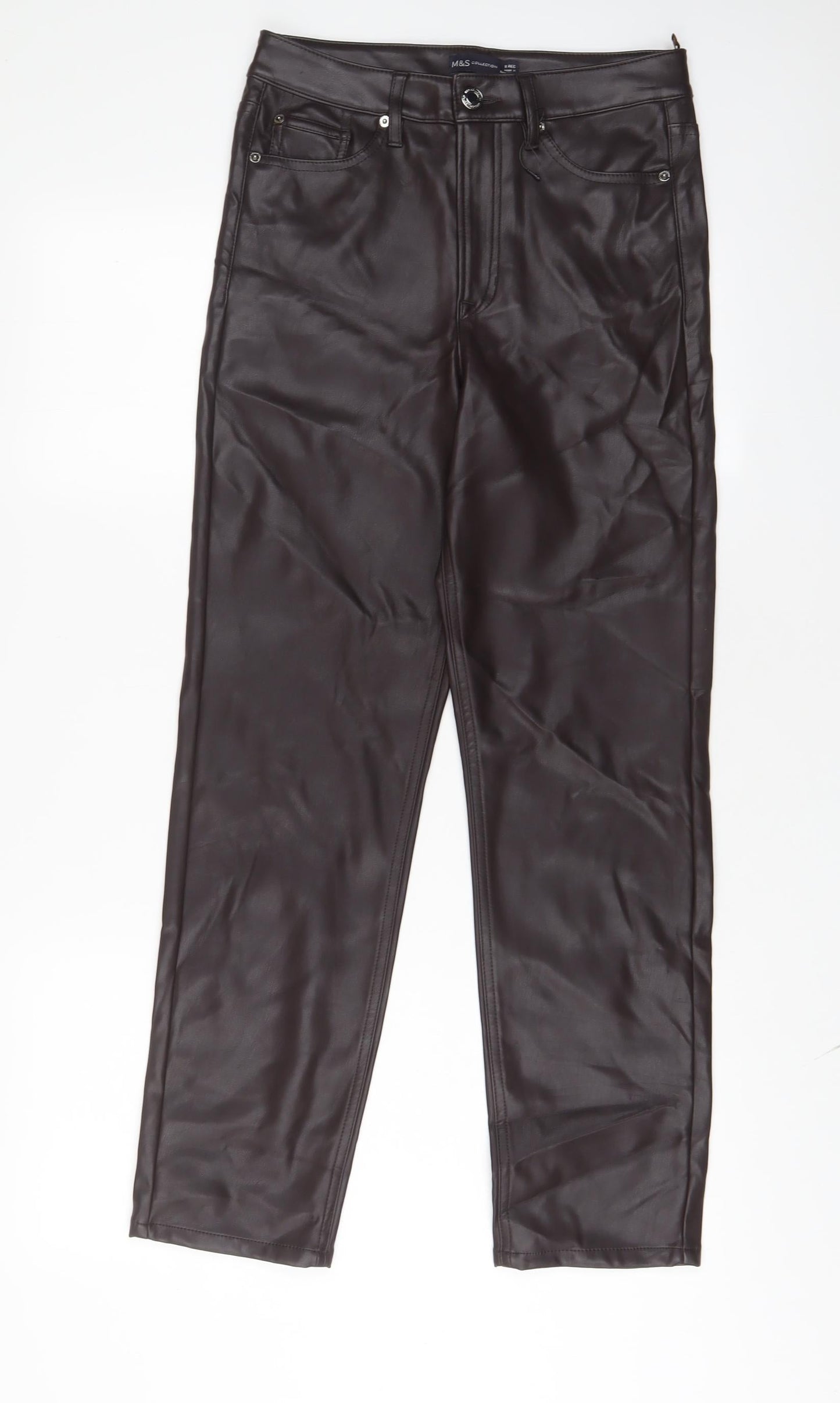 Marks and Spencer Womens Brown Polyurethane Trousers Size 8 L28 in Regular Zip