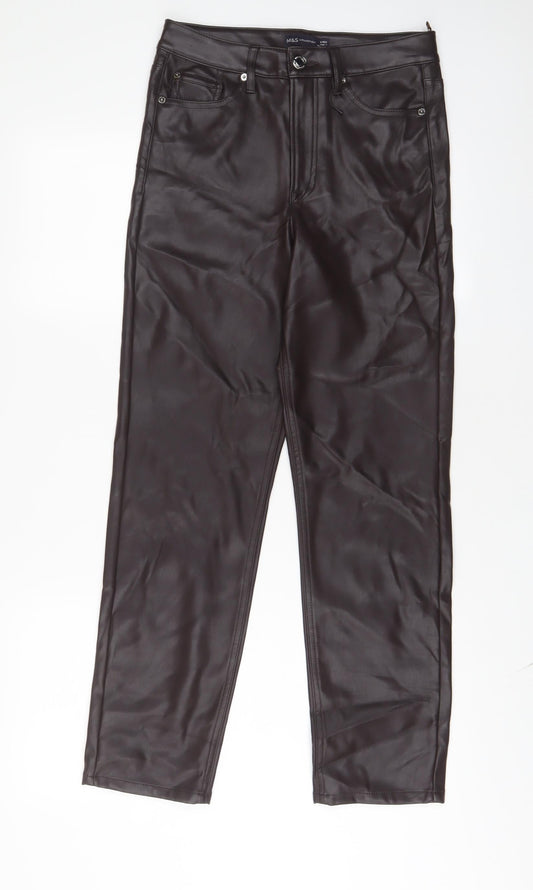 Marks and Spencer Womens Brown Polyurethane Trousers Size 8 L28 in Regular Zip