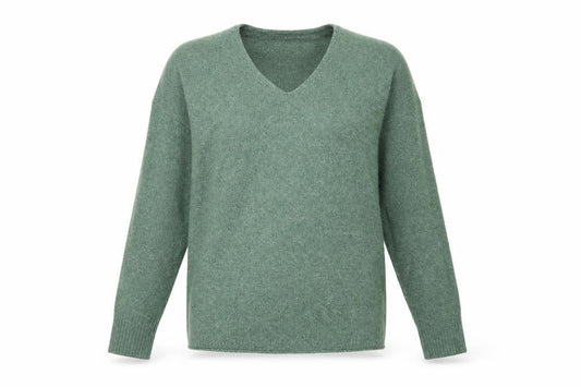 Front view of Only women’s green v-neck polyester jumper, size XS